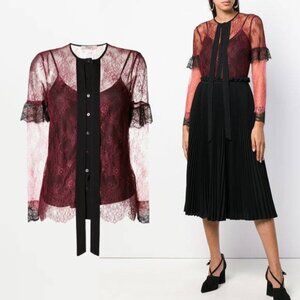 Twinset Burgundy & Pink Lace Ruffle Tie-Neck Blouse